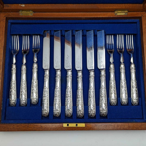 1868年 英国アンティーク シルバープレート製 カトラリーセット 6x2 マホガニーケース入